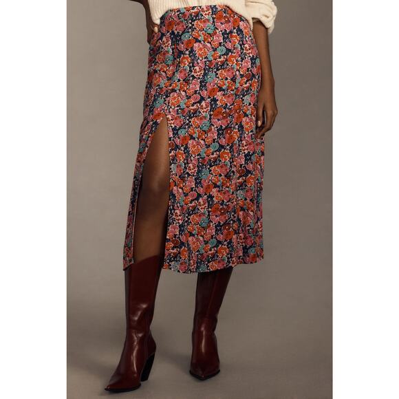 nwt ANTHROPOLOGIE MAEVE sz 12 Lille Side-Slit Midi Skirt in navy motif - Picture 1 of 5